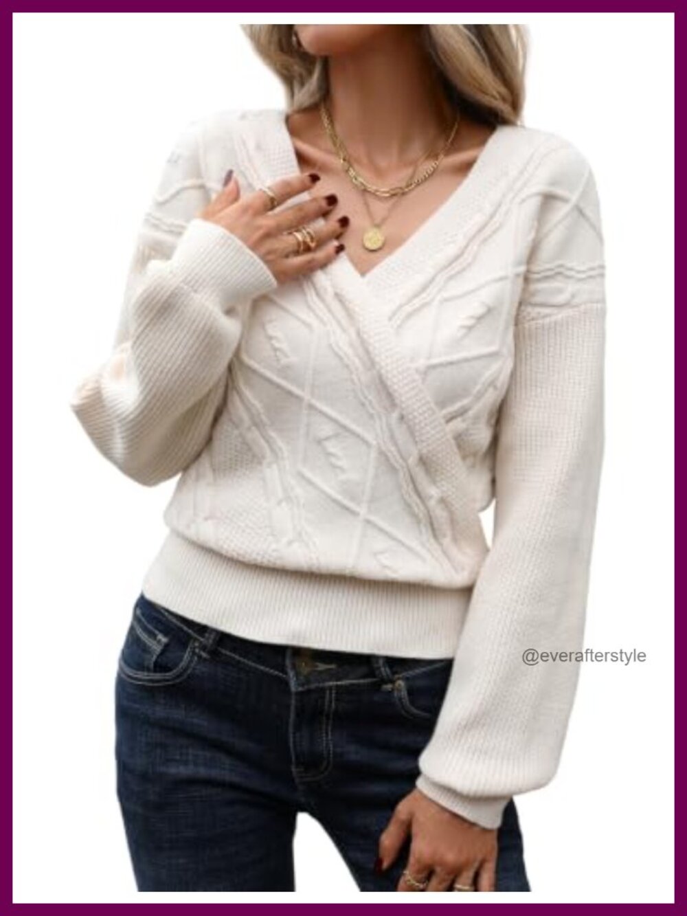 Cable Knit Cross V Neck Drop Shoulder Pullover Sweater